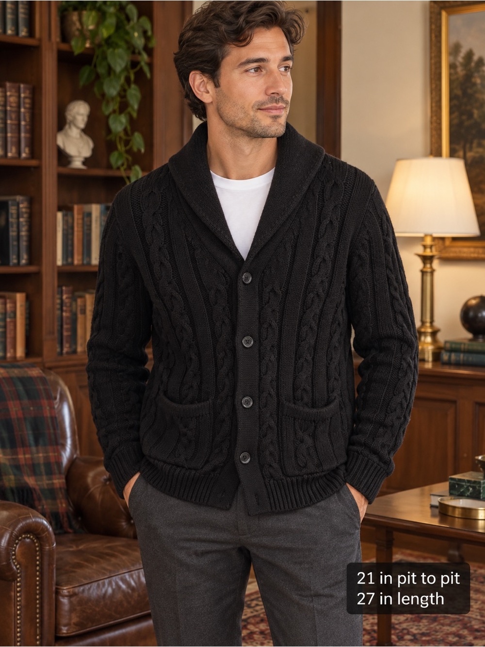 Brooks Brothers Supima Cotton Cable Knit Shawl Collar Cardigan Black Men’s S